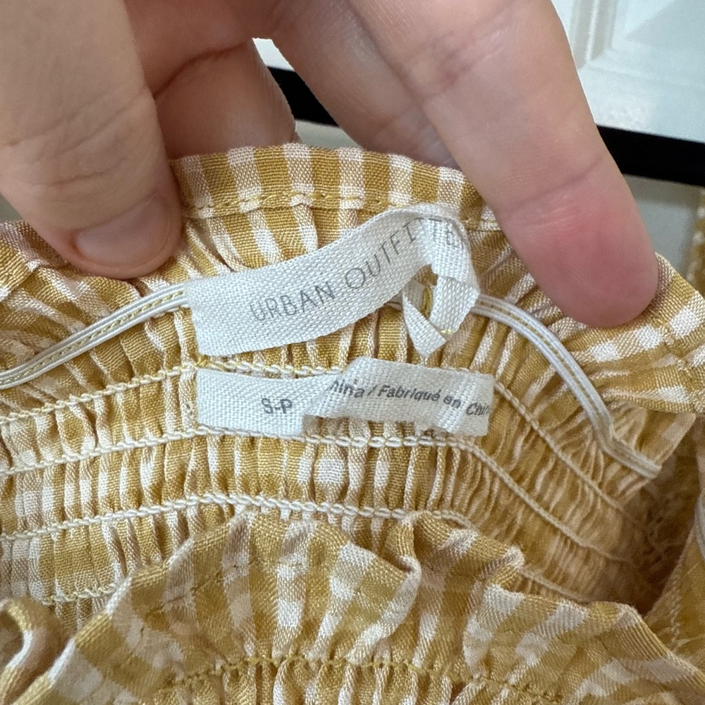 Urban Outfitters Yellow Ruffled Ruche Crop‎ Top Smocked Long Sleeve Checkered S - Picture 10 of 14